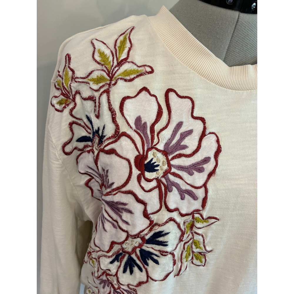 Anthropologie Cream Floral Embroidered Slub Sweatshirt Large